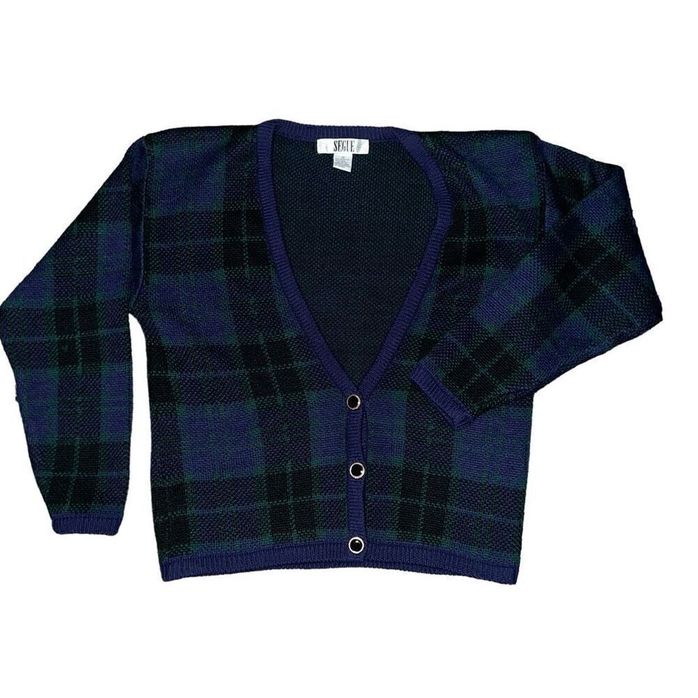 SEGUE VINTAGE Women’s Blue & Green Wool Cardigan Size M